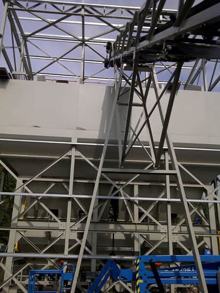 Steel framework at Callow Rock Quarry, Cheddar, showcasing industrial construction.