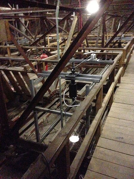 Electrical wiring and fixtures being installed on a wooden platform.