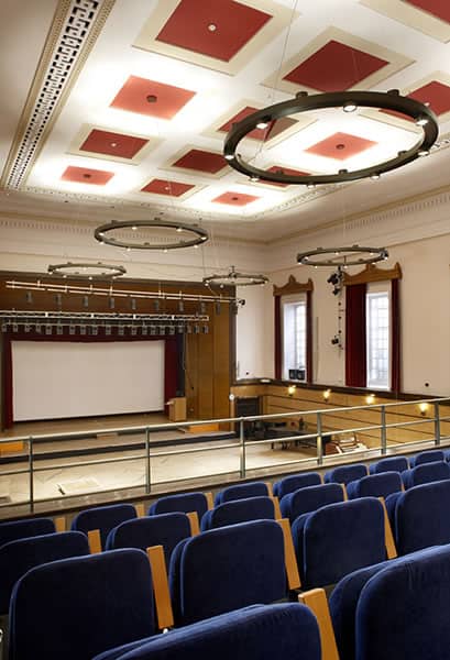 Interior lighting installation at The Victoria Rooms, Bristol, showcasing modern electrical solution.