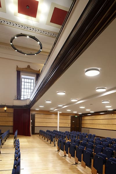 Event hall lighting installation at The Victoria Rooms Bristol for conferences and performances.