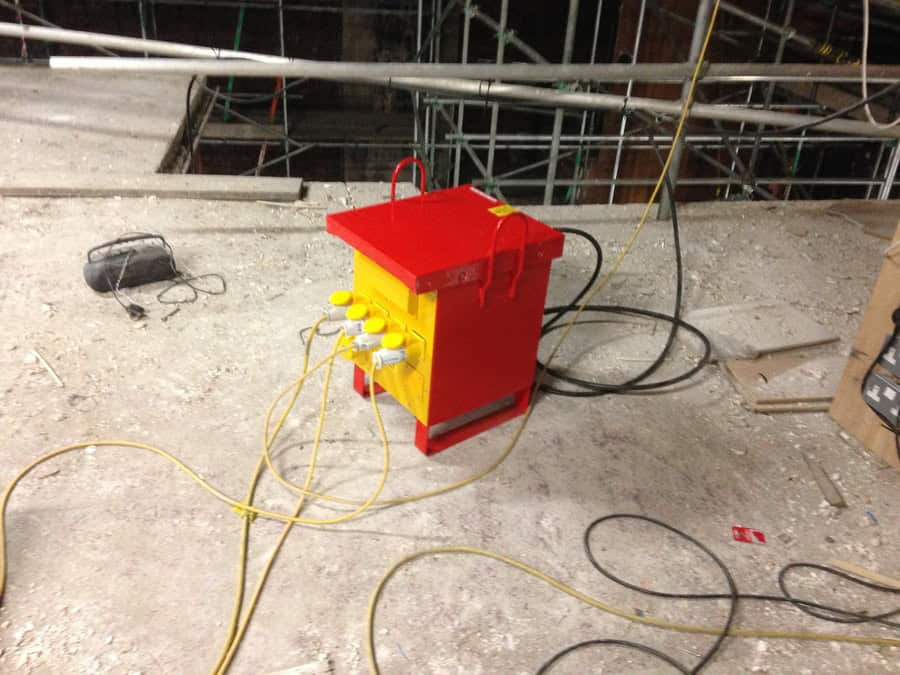 Temporary electrical supply box for cinema power needs.
