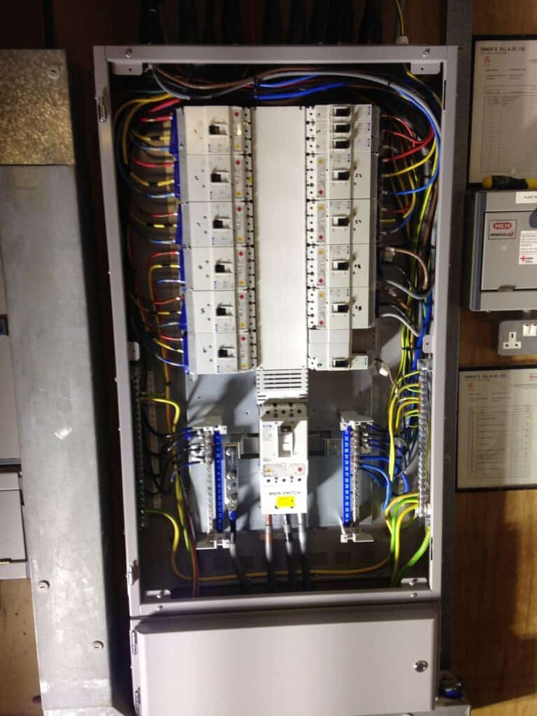 Replacement of outdated electrical sub main panel with modern circuit breakers.